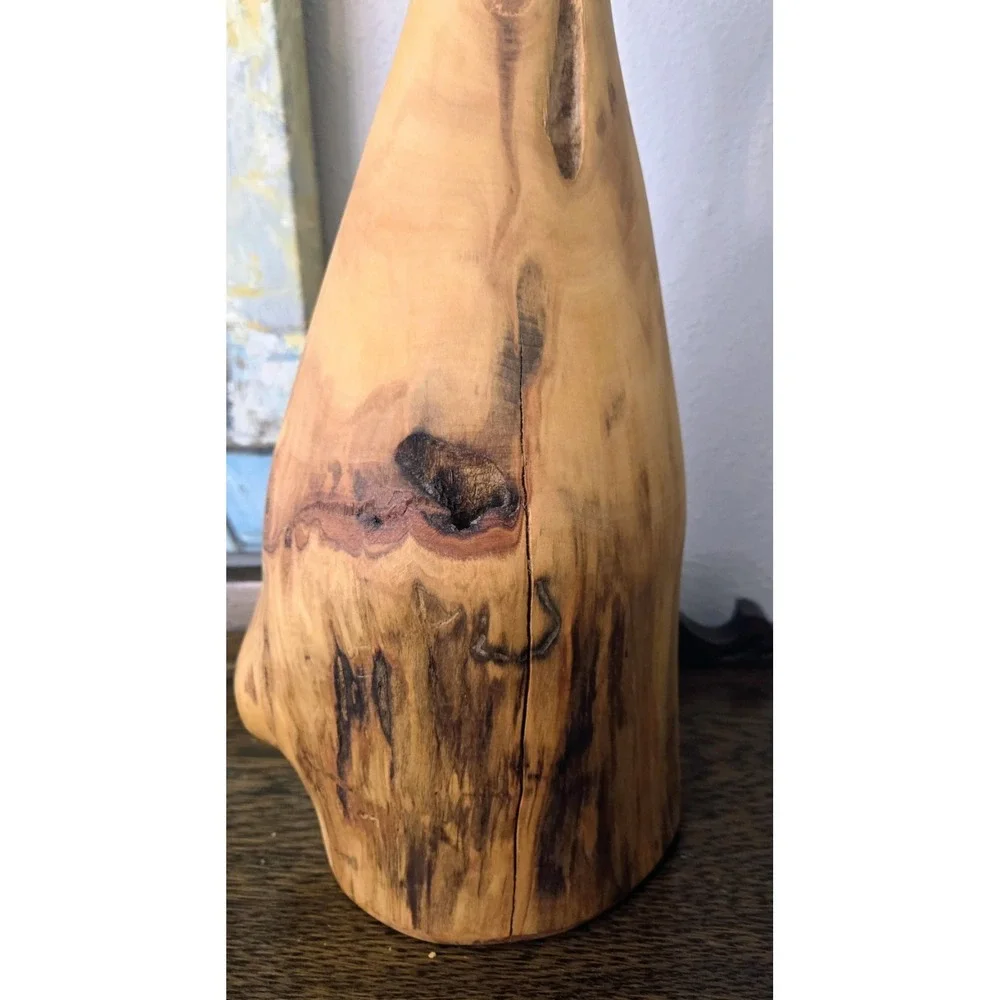 Turned Wooden Vase Rustic Knotty Asymmetrical Flared Rim Solid Piece of Wood 15
